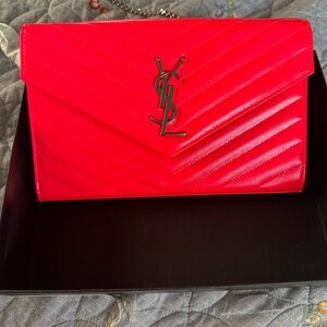Saint Laurent Bright neon Leather Envelope Clutch with Silver chain and logo